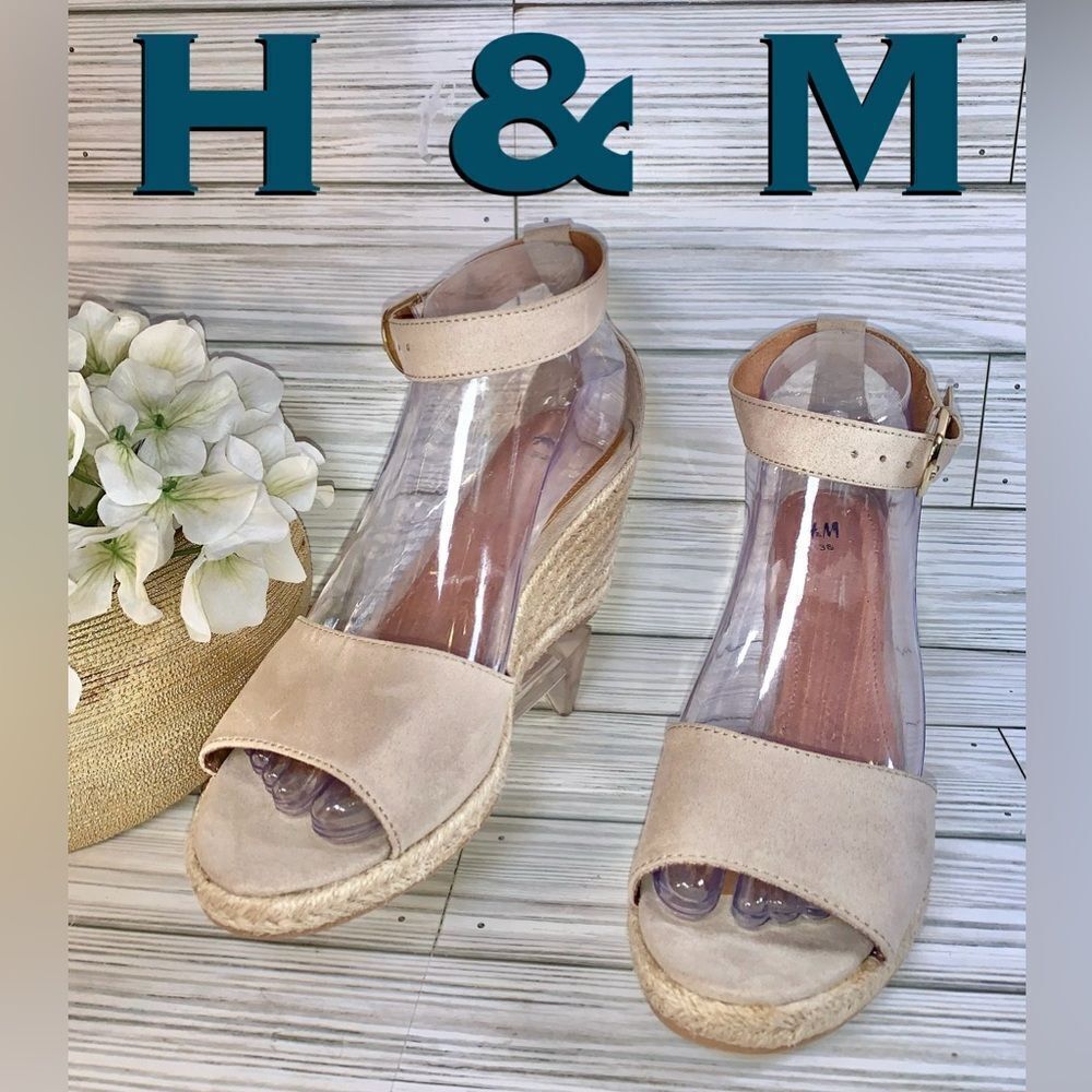 H&M Beige Espadrille Wedge Open Toe Faux Suede Sandals S:7.5